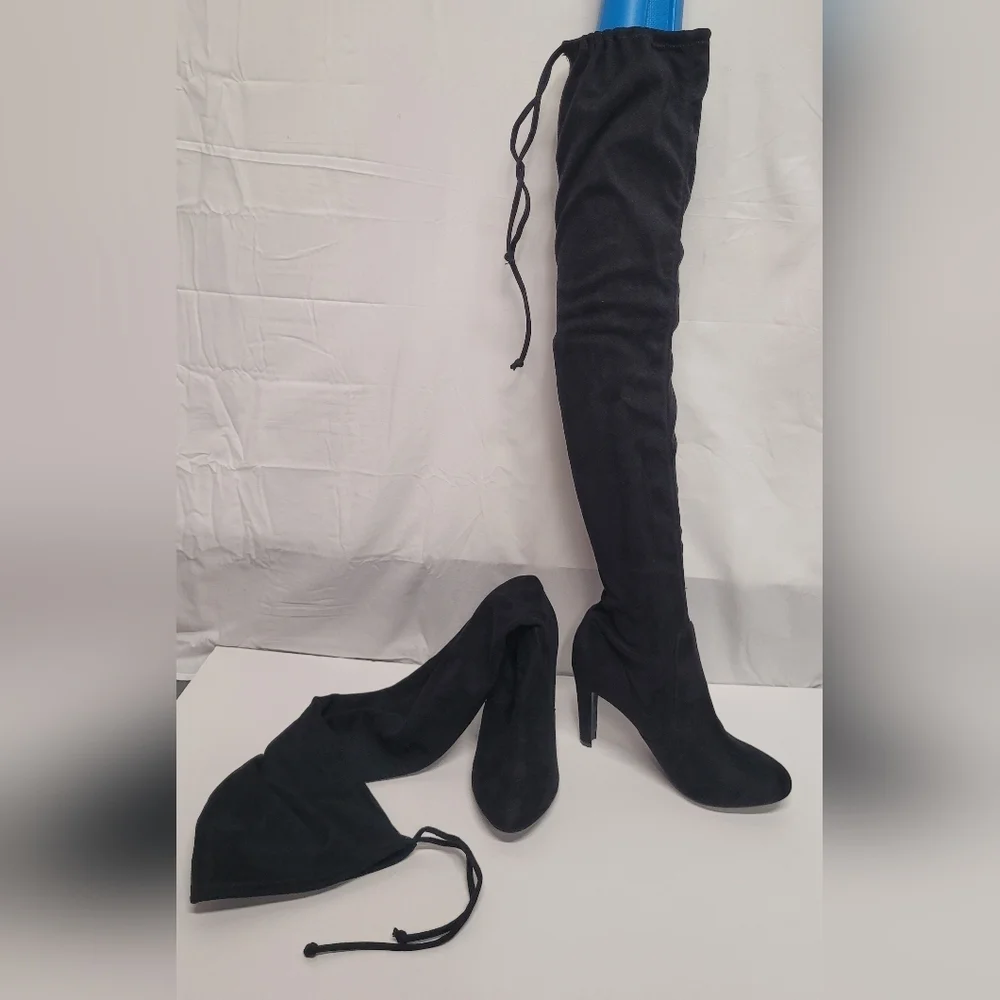 NY&Co Tall Black Suede Feel (man made) Boots Pull On With Top Drawstring 8